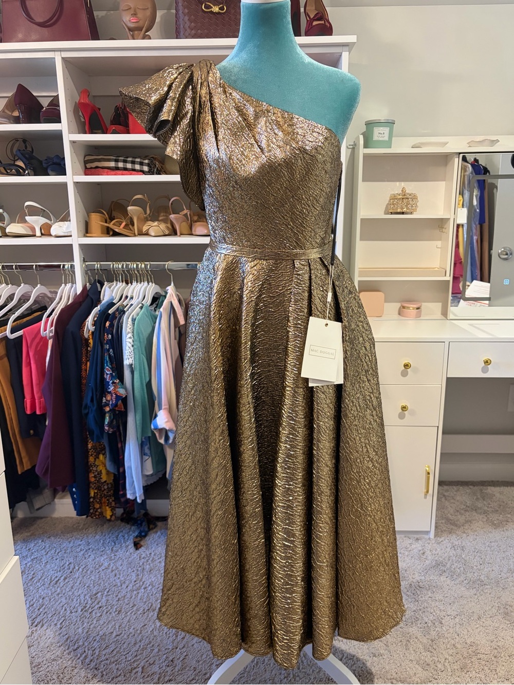 Mac Duggal Ruffle One-Shoulder Metallic Gold Midi Dress with pockets
